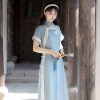 Women-Blue-Cheongsam-Suit-New-Daily-Wear-Slim-Dresses-4 Women Blue Cheongsam Suit New Daily Wear Slim Dresses