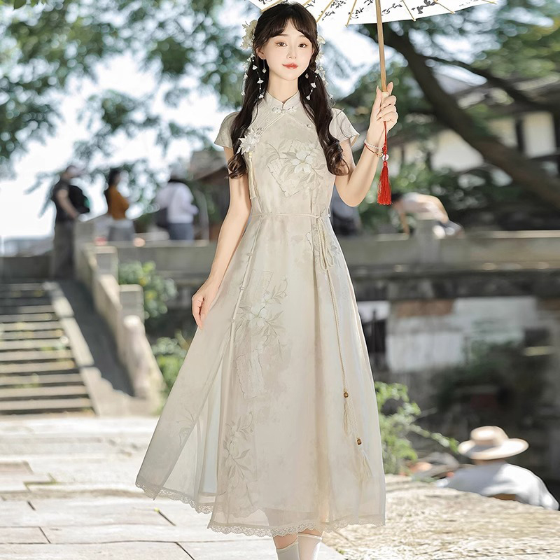 Women-Classical-Dress-Han-Element-Daily-Commuter-Set-1 Ladies Summer Cheongsam Dress Pear Daily Thin Skirt