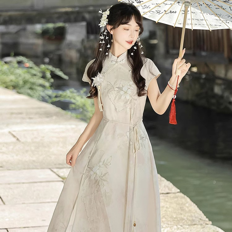 Women-Classical-Dress-Han-Element-Daily-Commuter-Set-2 Ladies Summer Cheongsam Dress Pear Daily Thin Skirt