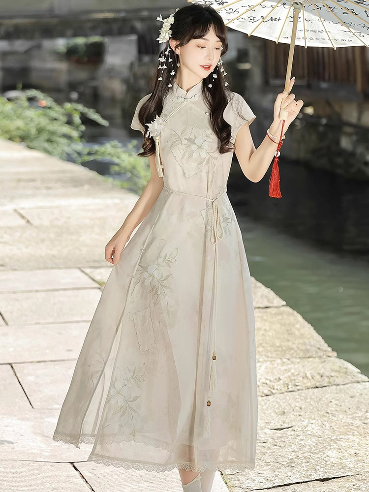 Ladies Summer Cheongsam Dress Pear Daily Thin Skirt