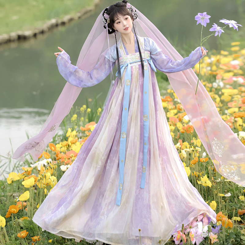 Women-Spring-Tang-Dynasty-Hanfu-Qixiong-Shanqun-Purple-Embroidered-Skirt-1 Dream Veil