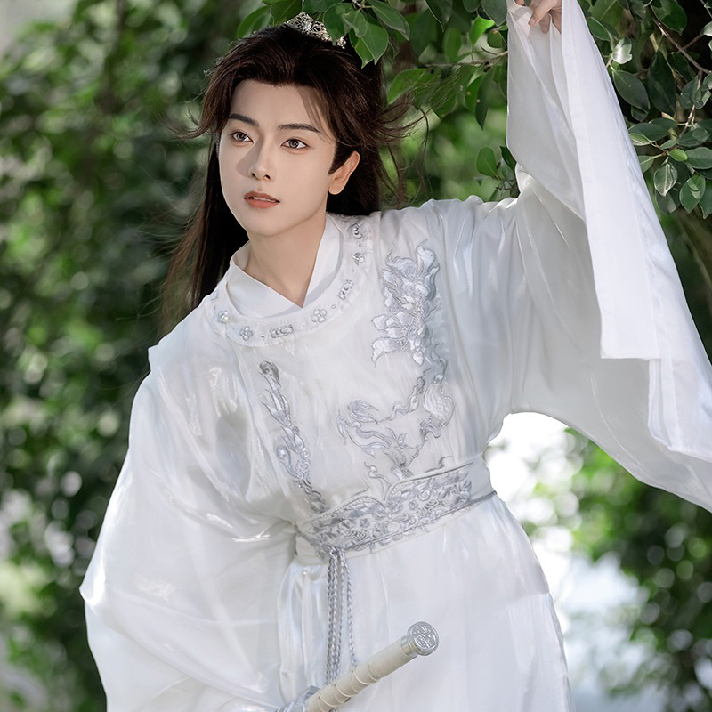 Men-White-Round-Collar-Robe-Wuxia-Awesome-Set-1 Silver Veil