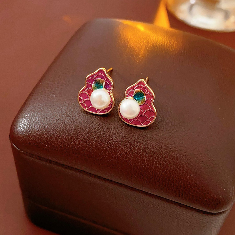 Pink-Gourd-Women-Pearl-Earrings-Retro-Cheongsam-Accessories-2 Pink Gourd Women Pearl Earrings Retro Cheongsam Accessories