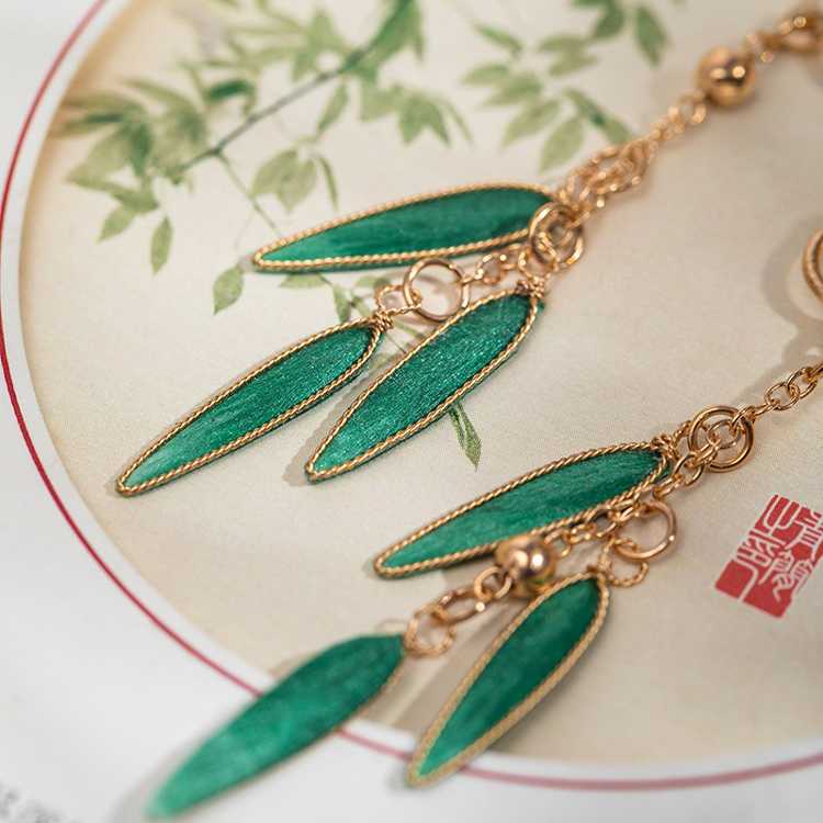 Green Tassel Flower Bamboo Leaf Earrings Simple Hanfu Earrings