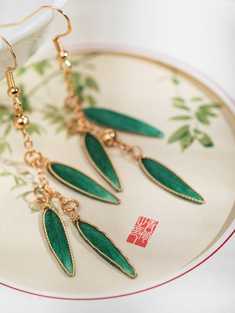 Green Tassel Flower Bamboo Leaf Earrings Simple Hanfu Earrings