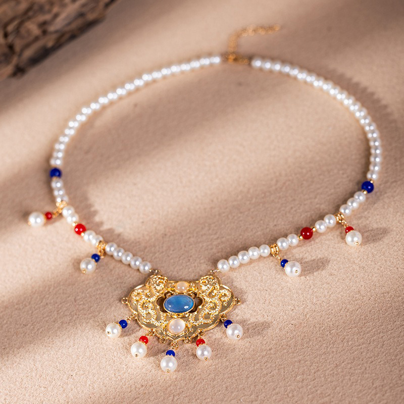 Hanfu-Necklace-Blue-Vintage-Yingluo-Pearl-Accessories-1 Serene Lock