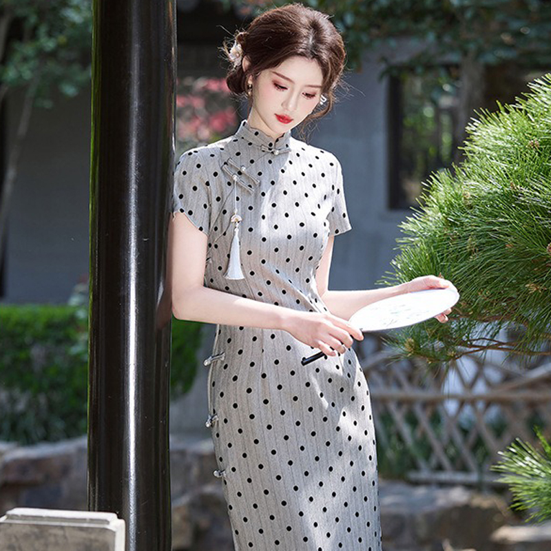 Ladies-Fashion-Cheongsam-Summer-Polka-Dot-Dress-Long-Qipao-2 Ladies Fashion Cheongsam Summer Polka Dot Dress Long Qipao