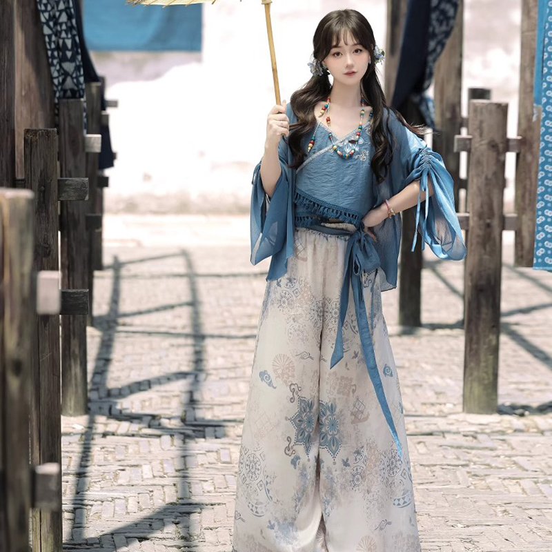 New-Ladies-Fashion-Hanfu-Song-Pants-Han-Element-Set-1 Azure Drift