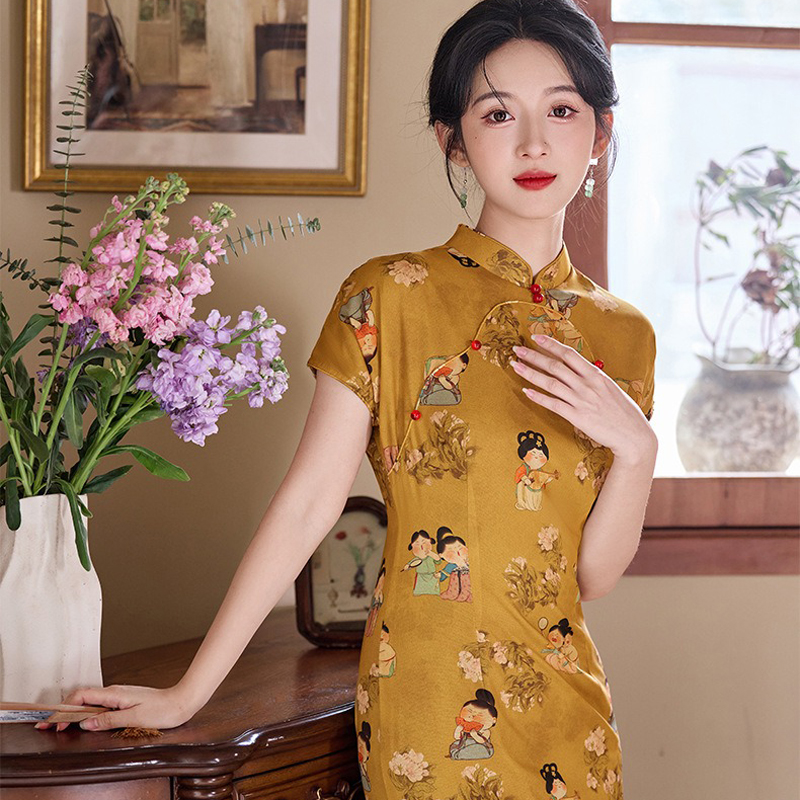 Women-Summer-Cheongsam-Yellow-2025-New-Girl-Senior-Sense-1 Women Summer Cheongsam Yellow 2025 New Girl Senior Sense