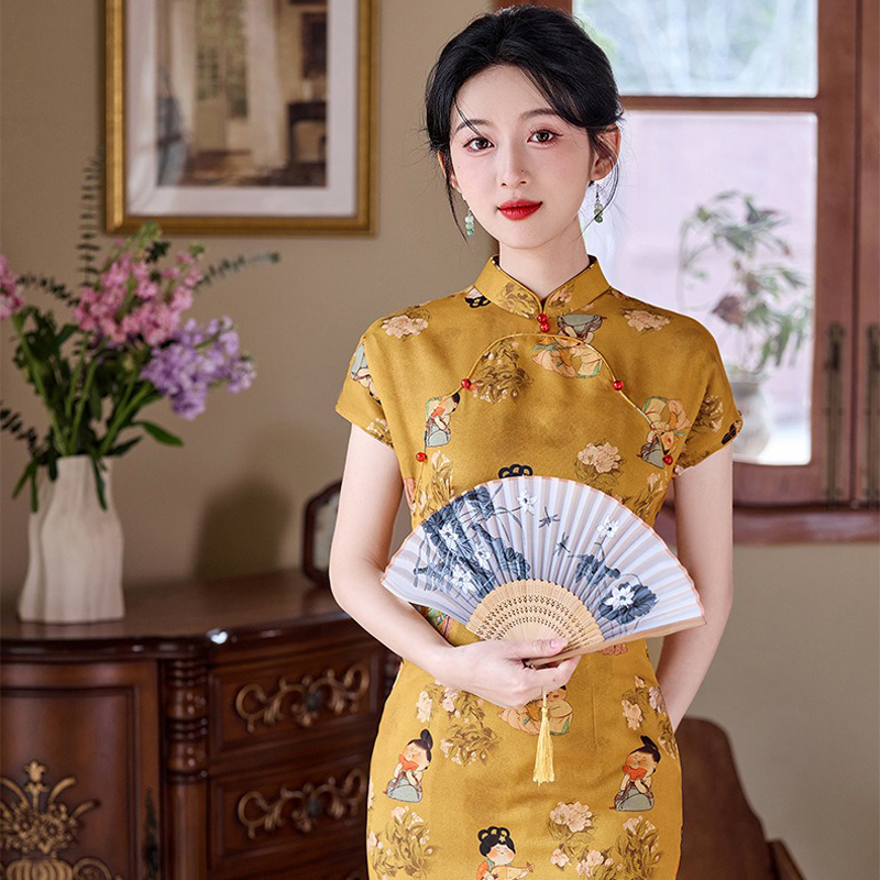 Women-Summer-Cheongsam-Yellow-2025-New-Girl-Senior-Sense-2 Women Summer Cheongsam Yellow 2025 New Girl Senior Sense