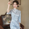 Autumn-Models-Classical-Cheongsam-Velvet-Medium-Sleeve-Blue-Slim-Qipao-Dresses-1 Autumn Models Classical Cheongsam Velvet Medium Sleeve Blue Slim Qipao Dresses