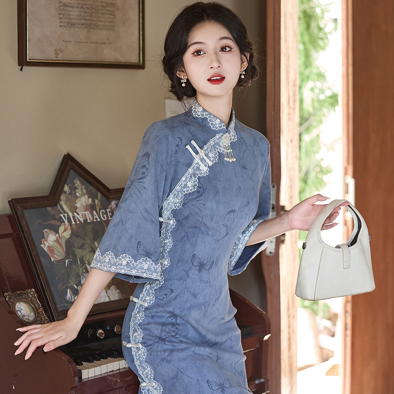 Blue-Cheongsam-Fall-Suede-Vintage-Women-Dresses-1 Blue Cheongsam Fall Suede Vintage Women Dresses