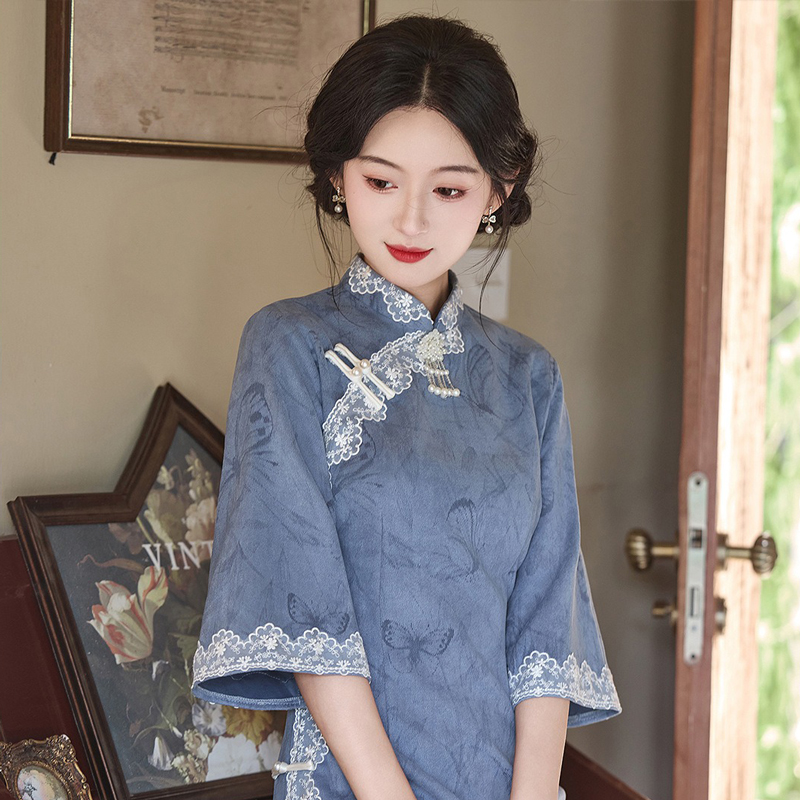 Blue-Cheongsam-Fall-Suede-Vintage-Women-Dresses-2 Blue Cheongsam Fall Suede Vintage Women Dresses