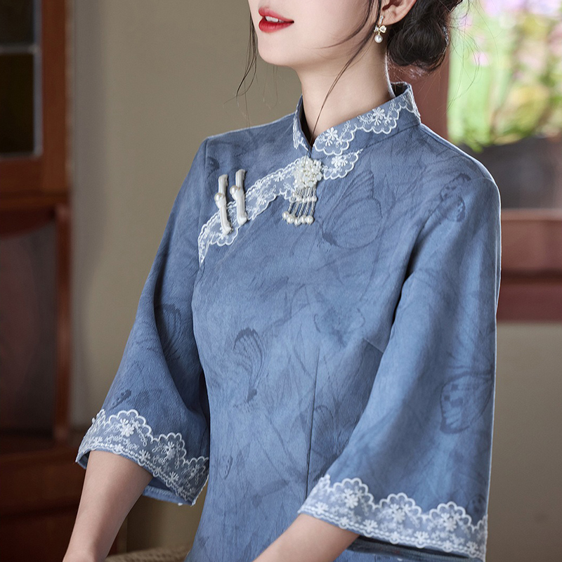 Blue-Cheongsam-Fall-Suede-Vintage-Women-Dresses-3 Blue Cheongsam Fall Suede Vintage Women Dresses