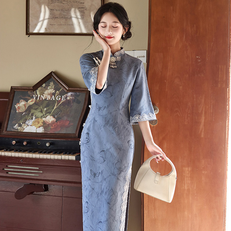 Blue-Cheongsam-Fall-Suede-Vintage-Women-Dresses-4 Blue Cheongsam Fall Suede Vintage Women Dresses