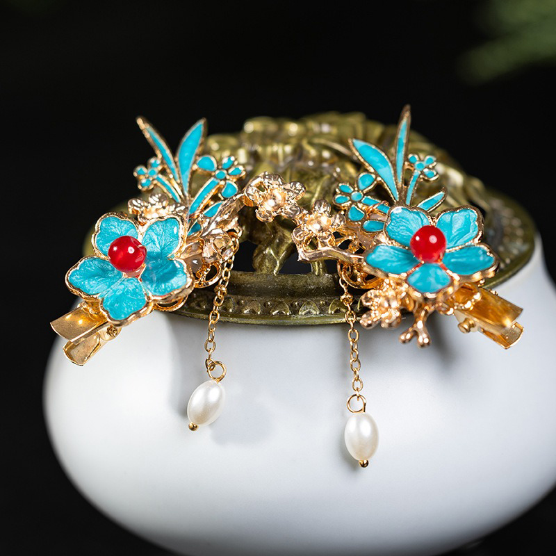 Hanfu-Earrings-Colorful-Silk-Retro-Cheongsam-Ear-Accessories-4 Hanfu Classical Haircilp Blue Exquisite Handmade Accessories