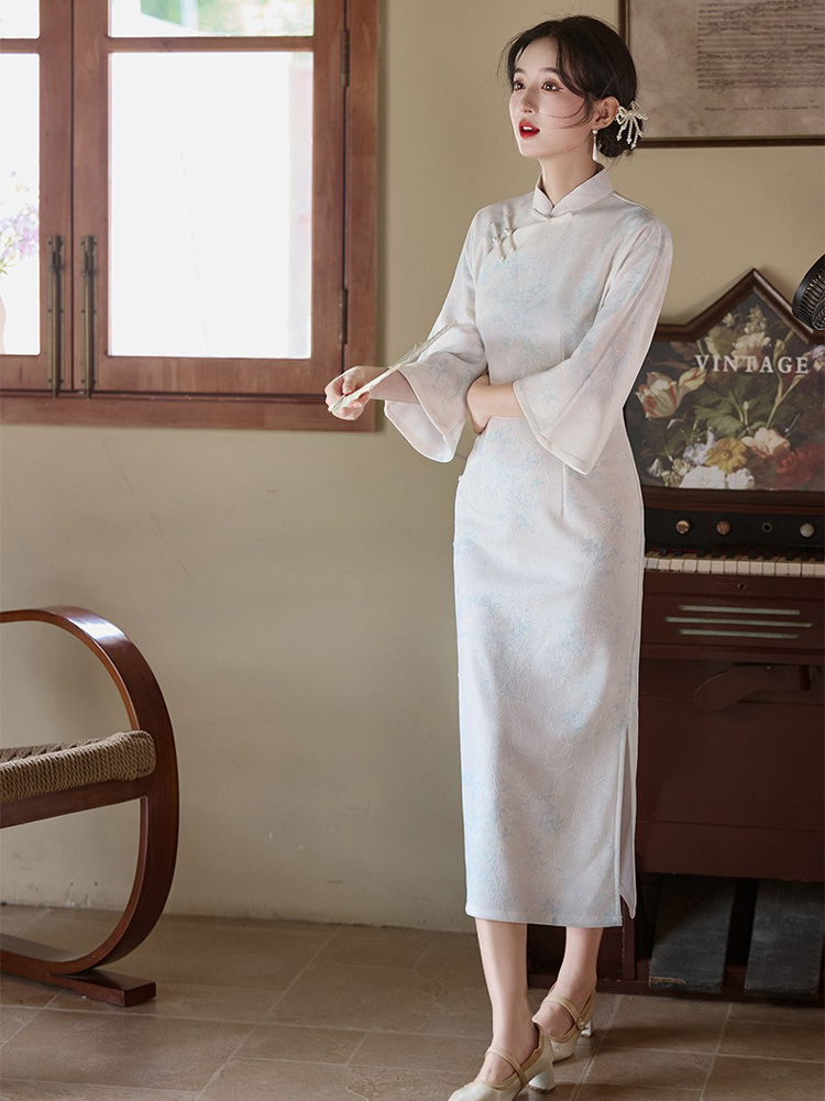 Light Blue Cheongsam New Elegant Slim Dresses Qipao for Female