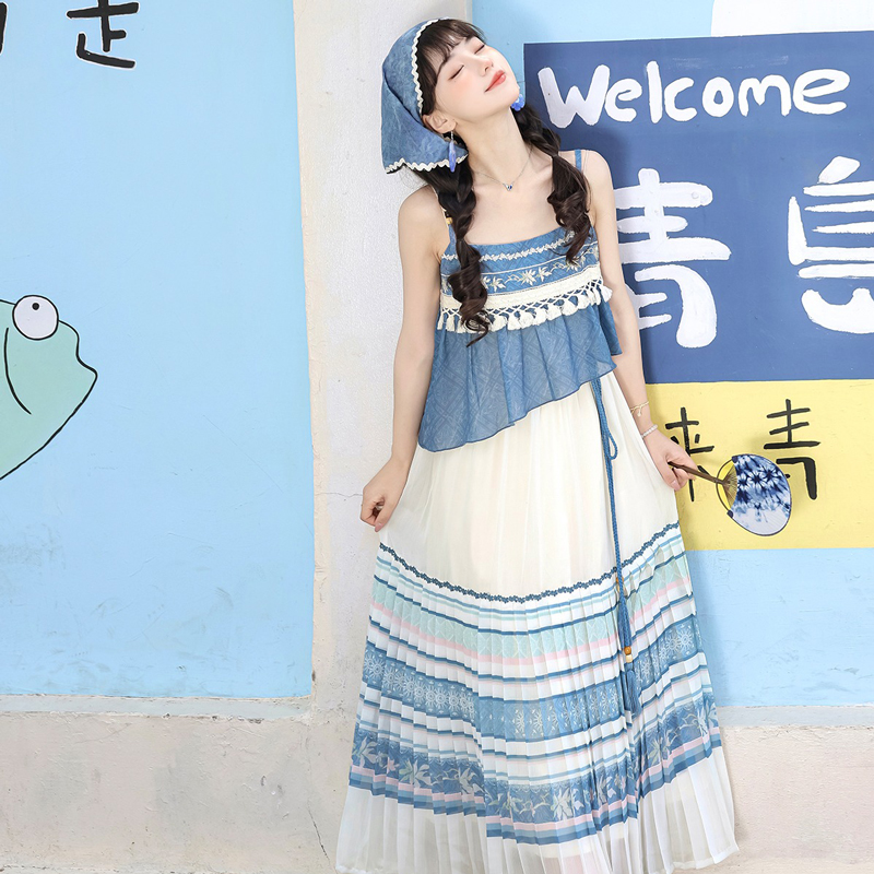 Summer-Women-New-Hanfu-Blue-Casual-Dress-4 Summer Women New Hanfu Blue Casual Dress