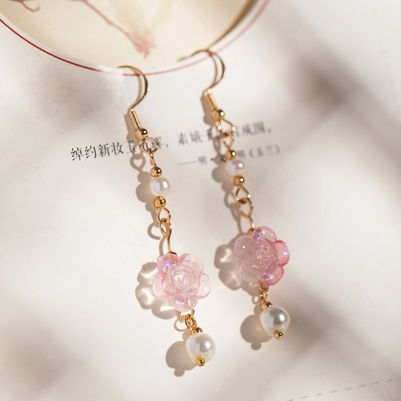 Women Hanfu Earrings Pink Rose Flower Cute Ear Accessories