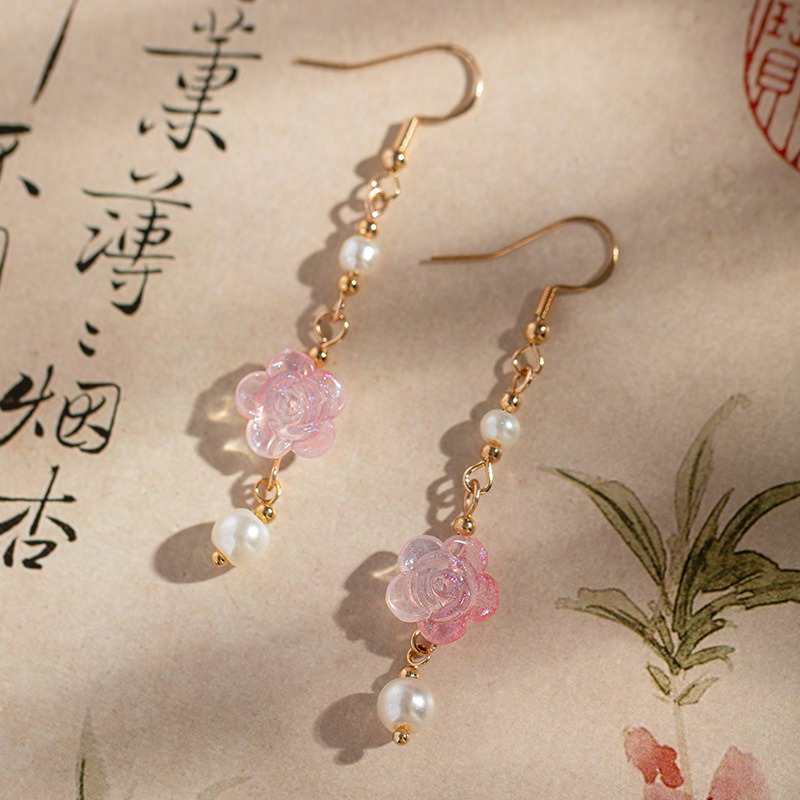 Women-Hanfu-Earrings-Pink-Rose-Flower-Cute-Ear-Accessories-2 Women Hanfu Earrings Pink Rose Flower Cute Ear Accessories