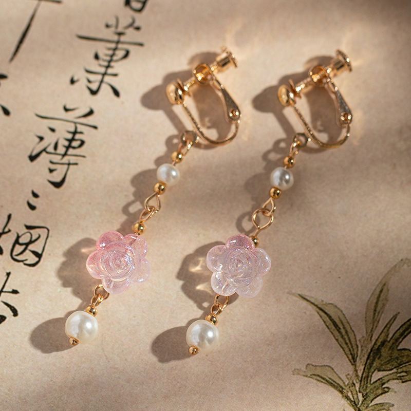 Women-Hanfu-Earrings-Pink-Rose-Flower-Cute-Ear-Accessories-3 Women Hanfu Earrings Pink Rose Flower Cute Ear Accessories