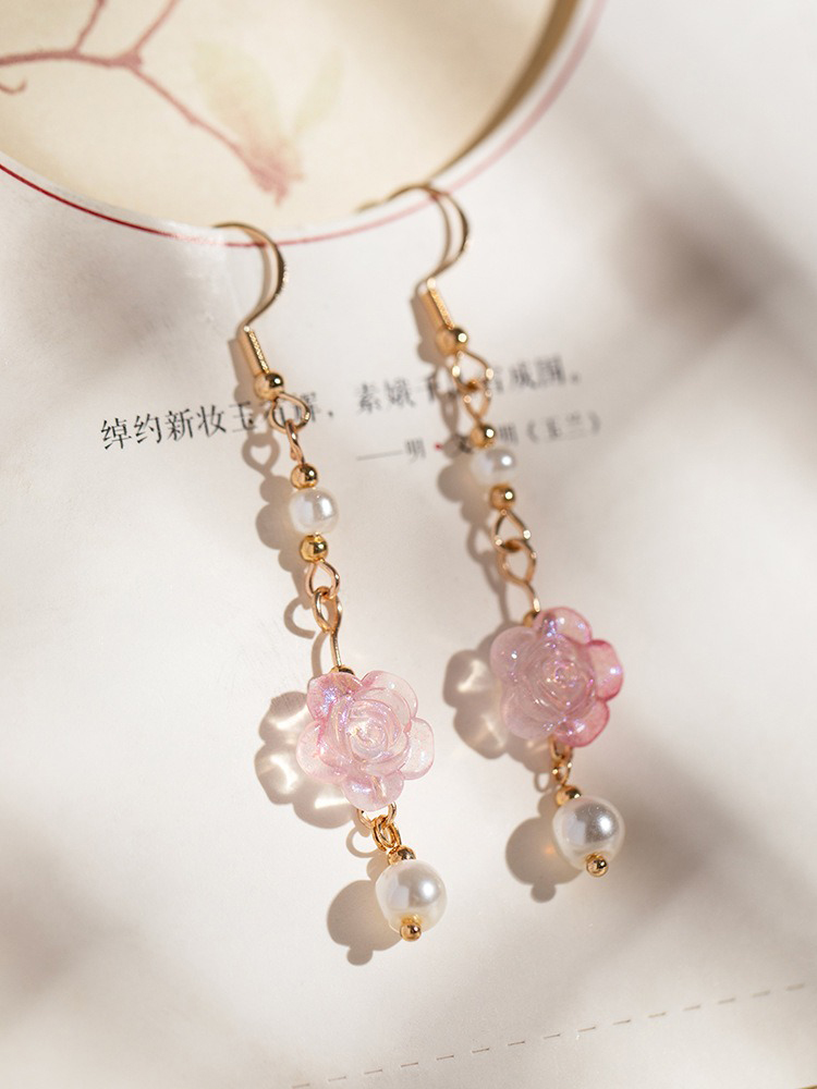 Women Hanfu Earrings Pink Rose Flower Cute Ear Accessories
