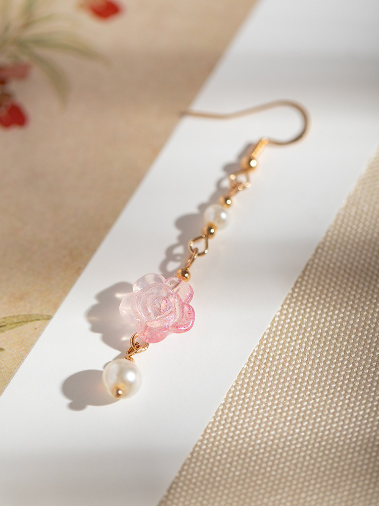 Women Hanfu Earrings Pink Rose Flower Cute Ear Accessories