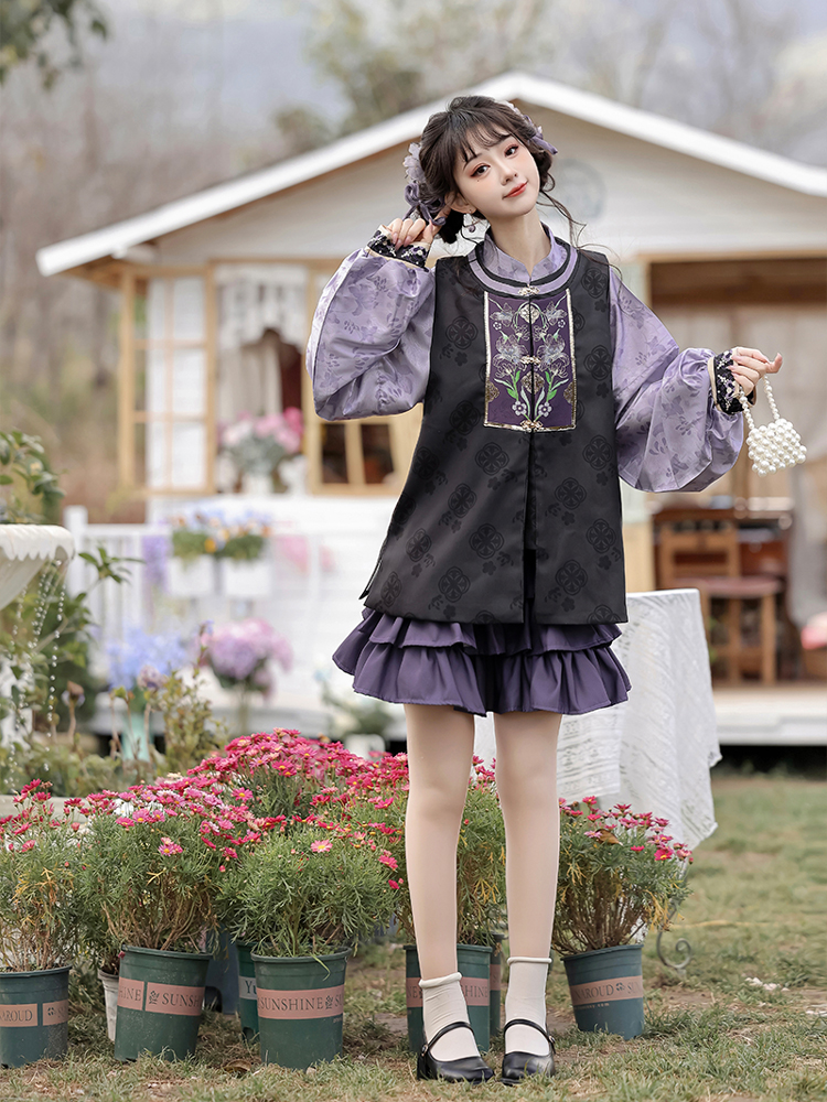 Women Ming Hanfu Purple Style Bijia Set Autumn Mamian Skirt
