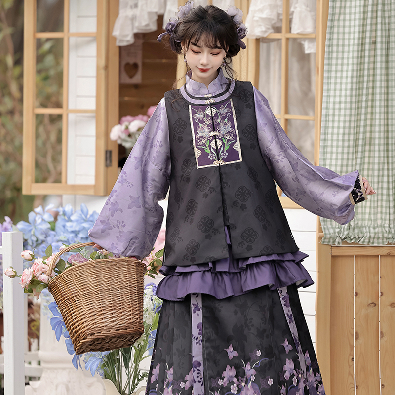 Women-Ming-Hanfu-Purple-Style-Bijia-Set-Autumn-Mamian-Skirt-2 Women Ming Hanfu Purple Style Bijia Set Autumn Mamian Skirt