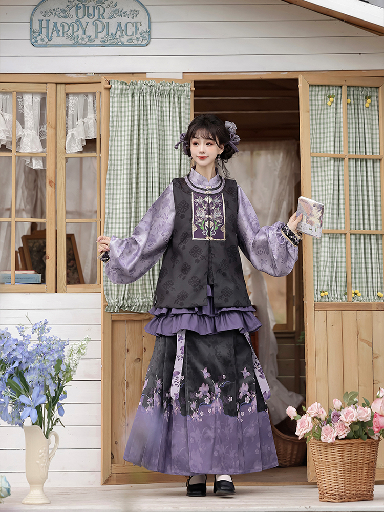 Women Ming Hanfu Purple Style Bijia Set Autumn Mamian Skirt