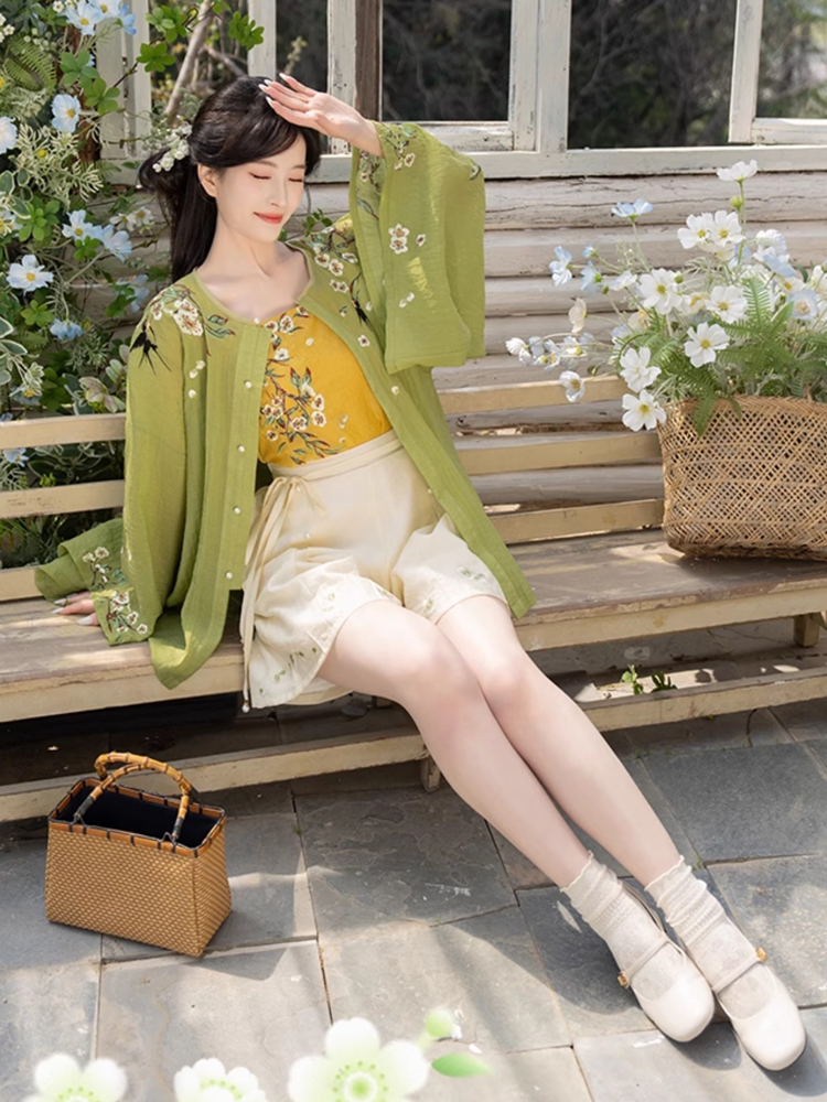 Women Summer Seasonal Hanfu Round-Neck Blouse Green Clothing