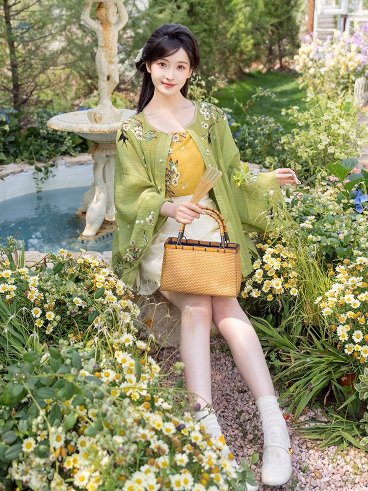 Women Summer Seasonal Hanfu Round-Neck Blouse Green Clothing