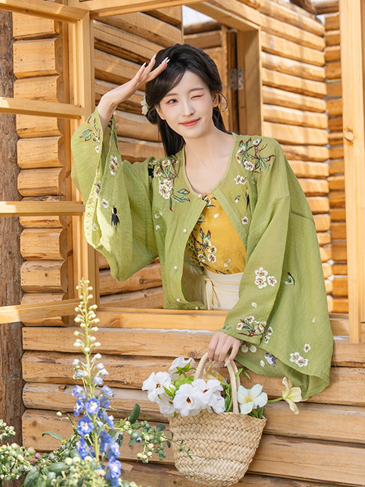 Women Summer Seasonal Hanfu Round-Neck Blouse Green Clothing