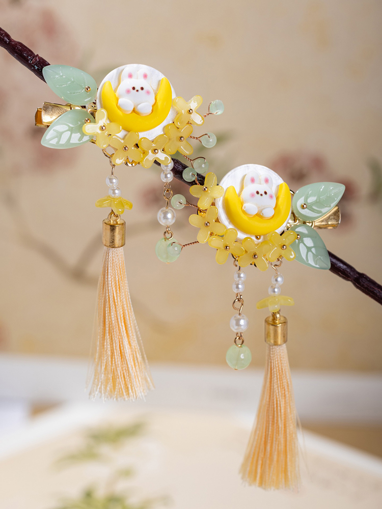 Children Hair Accessories Mid-Autumn Festival Cute Moon Bunny Hair Clips Hanfu Cinnamon Tassel