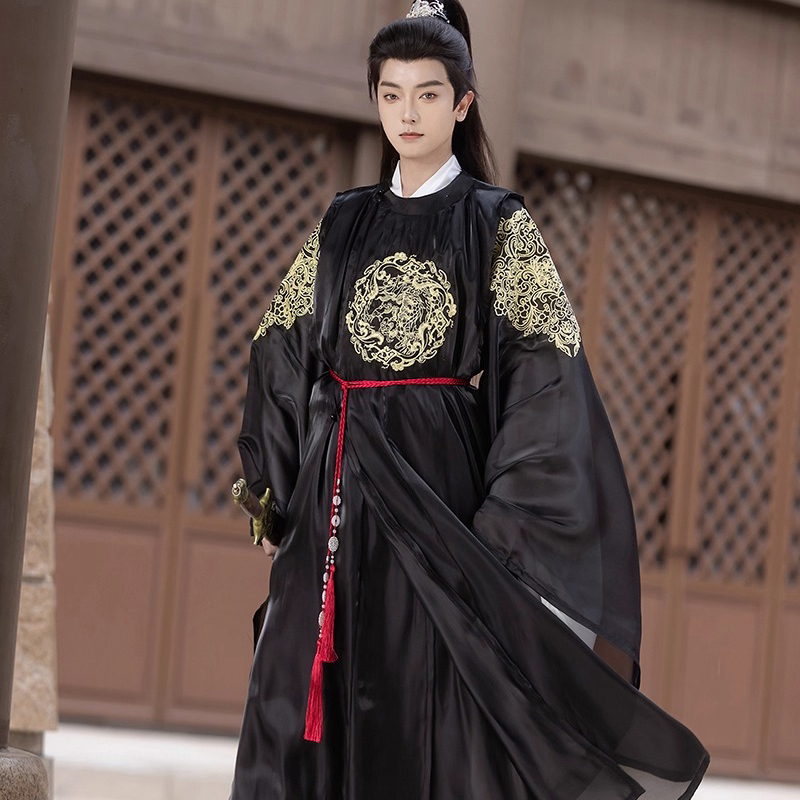 Men-Black-Round-Collar-Robe-Autumn-Tang-Dynasty-Hanfu-Wuxia-Clothing-1 Men Black Round Collar Robe Autumn Tang Dynasty Hanfu Wuxia Clothing
