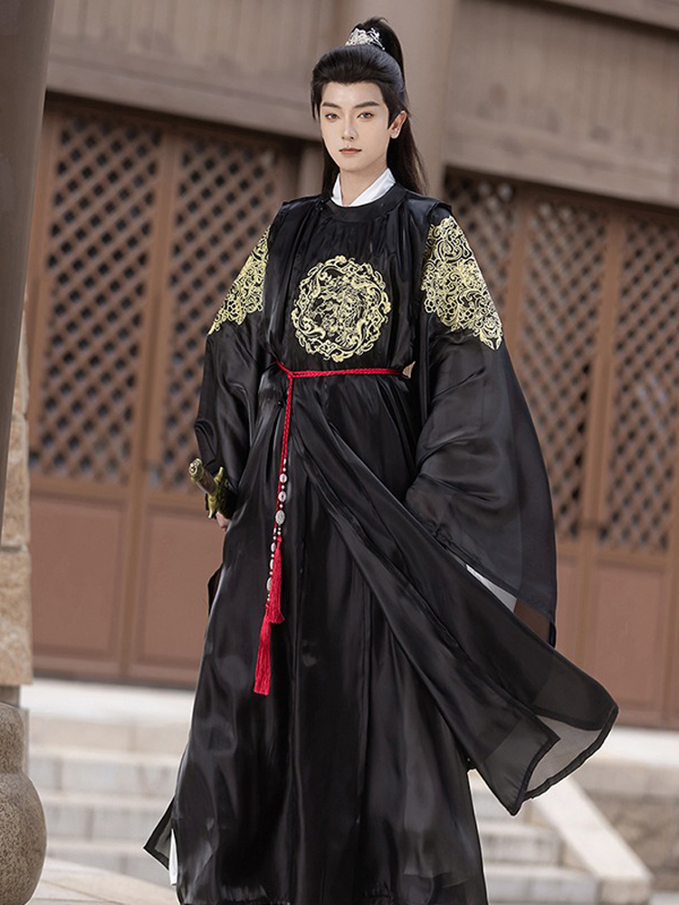 Men Black Round Collar Robe Autumn Tang Dynasty Hanfu Wuxia Clothing