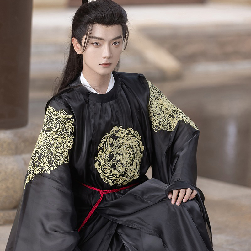 Men-Black-Round-Collar-Robe-Autumn-Tang-Dynasty-Hanfu-Wuxia-Clothing-2 Men Black Round Collar Robe Autumn Tang Dynasty Hanfu Wuxia Clothing
