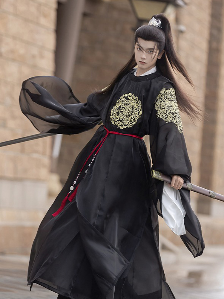 Men Black Round Collar Robe Autumn Tang Dynasty Hanfu Wuxia Clothing