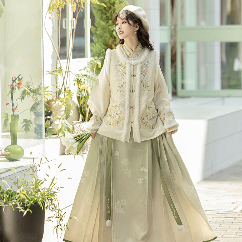 Winter-Women-Hanfu-Fluffy-Lining-Ming-Dynasty-Mamian-Qun-Set-4 Winter Women Hanfu Fluffy Lining Ming Dynasty Mamian Qun Set
