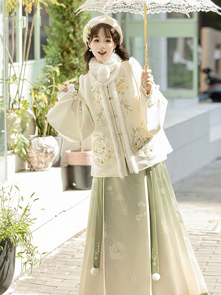 Winter Women Hanfu Fluffy Lining Ming Dynasty Mamian Qun Set