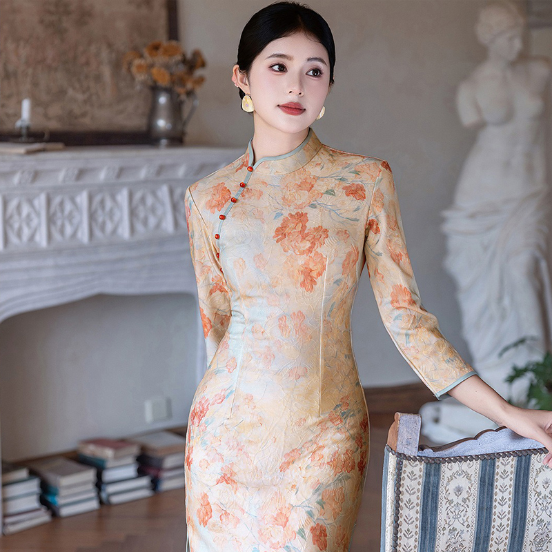 Women-Autumn-Cheongsam-Long-Sleeve-Daily-Qipao-Dresses-2 Women Autumn Cheongsam Long Sleeve Daily Qipao Dresses
