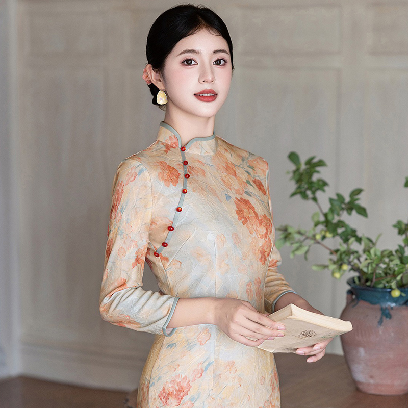 Women-Autumn-Cheongsam-Long-Sleeve-Daily-Qipao-Dresses-4 Women Autumn Cheongsam Long Sleeve Daily Qipao Dresses