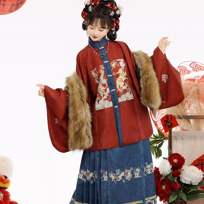 Traditional-Ming-Dynasty-Hanfu-Women-Mamian-Skirt-Vintage-Ensemble-1 Women Winter Hanfu Ming Dynasty Short Bijia Top with Butterfly Skirt Set