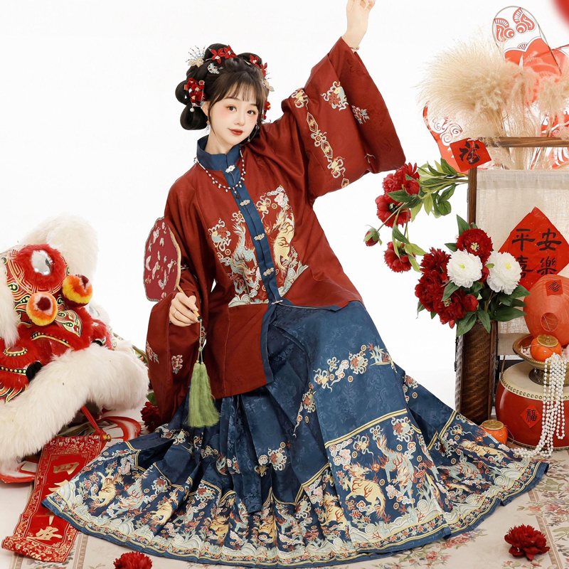 Traditional-Ming-Dynasty-Hanfu-Women-Mamian-Skirt-Vintage-Ensemble-2 Women Winter Hanfu Ming Dynasty Short Bijia Top with Butterfly Skirt Set