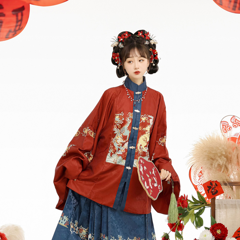 Traditional-Ming-Dynasty-Hanfu-Women-Mamian-Skirt-Vintage-Ensemble-3 Women Winter Hanfu Ming Dynasty Short Bijia Top with Butterfly Skirt Set