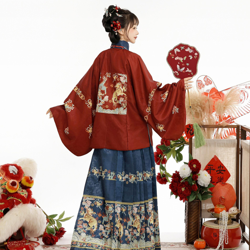 Traditional-Ming-Dynasty-Hanfu-Women-Mamian-Skirt-Vintage-Ensemble-4 Women Winter Hanfu Ming Dynasty Short Bijia Top with Butterfly Skirt Set