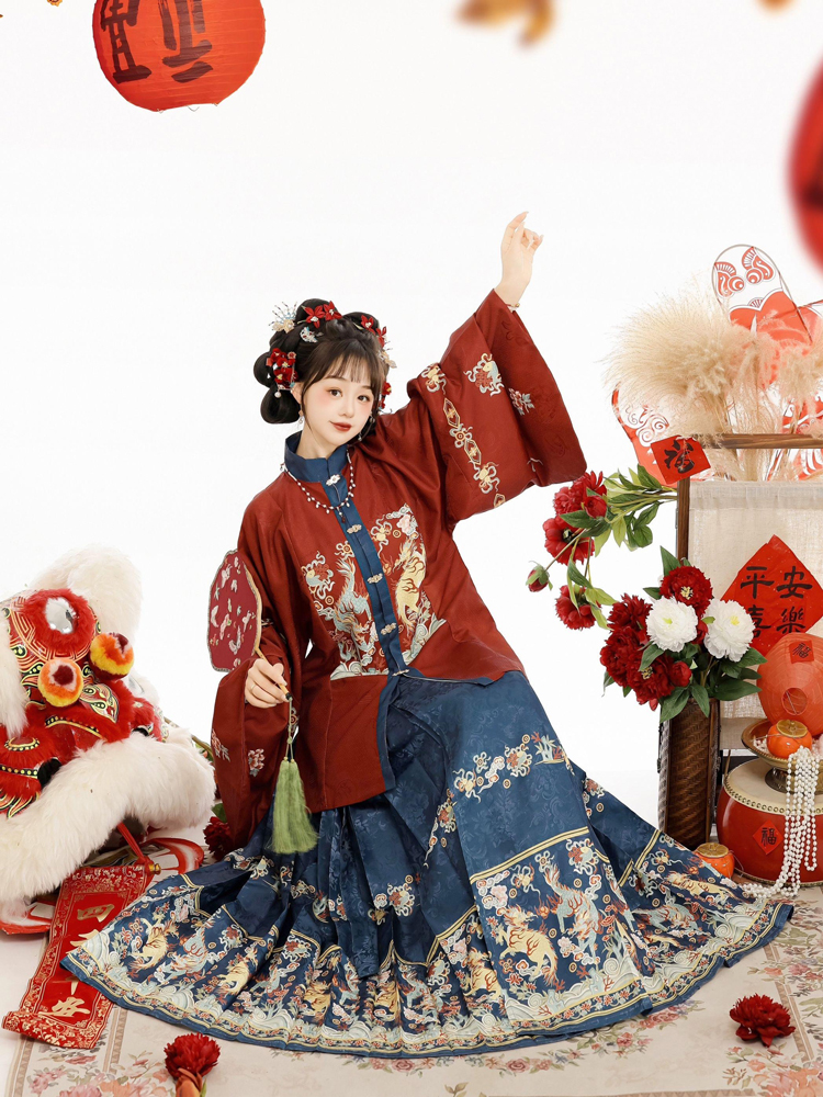 Women Winter Hanfu Ming Dynasty Short Bijia Top with Butterfly Skirt Set