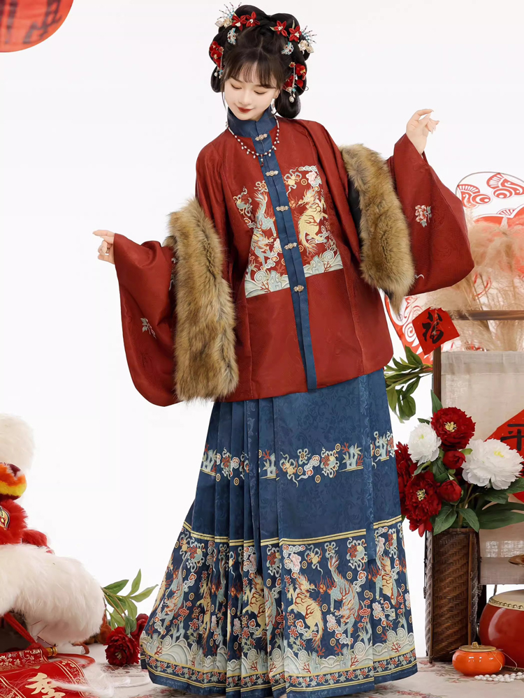 Women Winter Hanfu Ming Dynasty Short Bijia Top with Butterfly Skirt Set