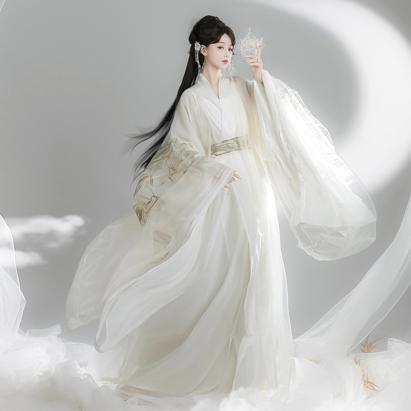 Wei-Jin-Style-Hanfu-Women-Cross-Collared-Zhiju-Embroidered-Wide-Sleeve-Dress-For-Wuxia-1 Golden Bamboo
