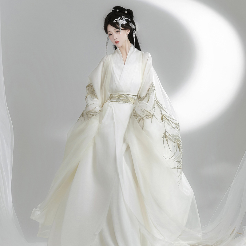 Wei-Jin-Style-Hanfu-Women-Cross-Collared-Zhiju-Embroidered-Wide-Sleeve-Dress-For-Wuxia-2 Wei-Jin Style Hanfu Women Cross-Collared Zhiju Embroidered Wide-Sleeve Dress For Wuxia